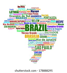 Brazil map and words cloud with larger cities on white, vector illustration