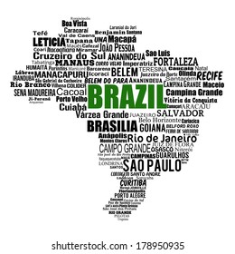 Brazil map and words cloud with larger cities on white, vector illustration