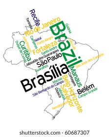 Brazil map and words cloud with larger cities