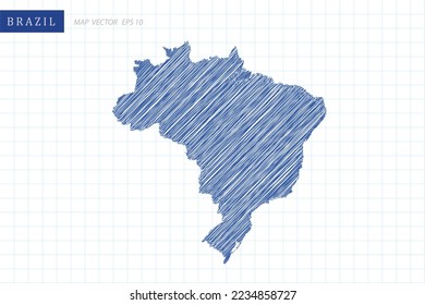 Brazil Map - World Map International vector template with blue outline graphic and pen drawing sketch style isolated on white grid background for design, website - Vector illustration eps 10
