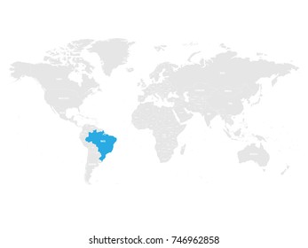 Brazil marked by blue in grey World political map. Vector illustration.