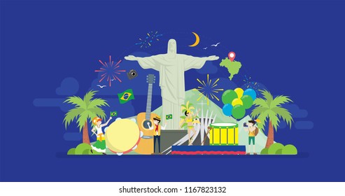 Brazil Midnight Carnival Independence Day Celebration Tiny People Character Concept Vector Illustration, Suitable For Wallpaper, Banner, Background, Card, Book Illustration, And Web Landing Page