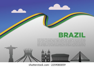 brazil minimalistic and clean background with ribboned flag and famous landmarks. banner for social cover and digital media