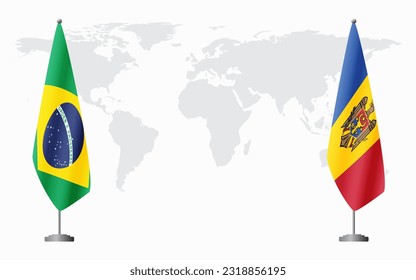 Brazil and Moldova flags for official meeting against background of world map, vector
