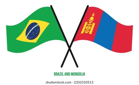 Brazil and Mongolia Flags Crossed And Waving Flat Style. Official Proportion. Correct Colors.