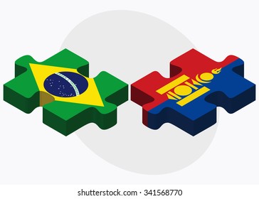 Brazil and Mongolia Flags in puzzle isolated on white background