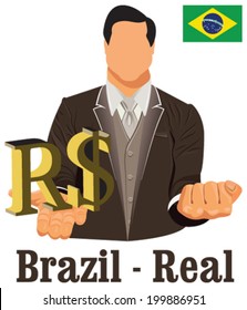 Brazil national currency Brazilian real symbol representing money and Flag. Vector design concept of businessman in suit with his open hand over with currency isolated on white background in EPS10.