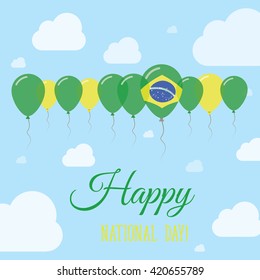 Brazil National Day Flat Patriotic Poster. Row of Balloons in Colors of the Brazilian flag. Happy National Day Brazil Card with Flags, Balloons, Clouds and Sky.
