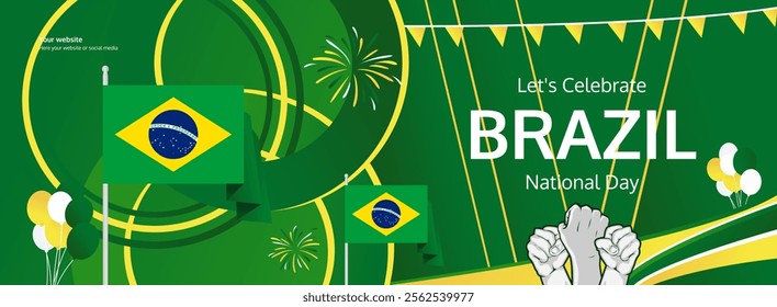 Brazil National Day horizontal design banner with raised hands and country flag to celebrate September 7th proudly. Happy Brazil Independence Day