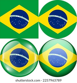 Brazil National Flag Symbol Logo Icon, set of 1:1 Square, Round Circular Shape, Bubble and Button Design Vector Illustration Isolated on White Background