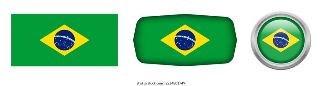 Brazil national flag in three versions rectangular, ellipse and round flag on white background. vector illustration