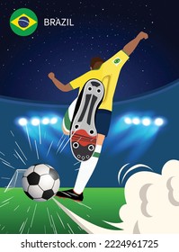 Brazil National Football Team. Brazil Soccer Player Shooting and Kicking Ball. Football soccer player man on the football pitch or football ground. Vector illustration.