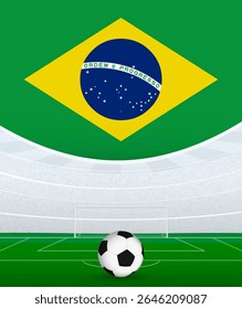 Brazil National Football Theme, Stadium and Soccer Ball. Soccer Match Concept in Brazil. Ideal for use in sports event promotions, football themed designs, and tournament advertisements.