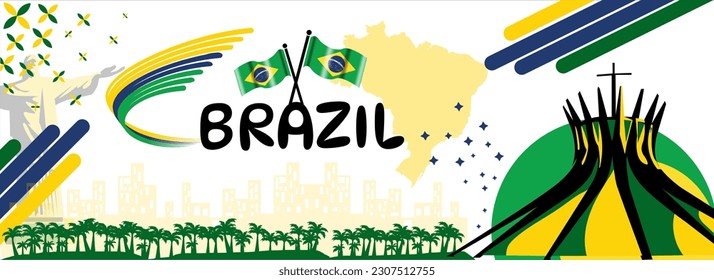 brazil national independence day banner design. brazil flag and map theme with building landmark background. Abstract geometric retro shapes of green and yellow color. brazil Vector illustration.