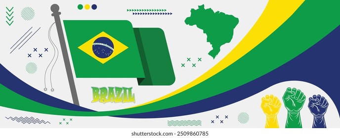 Brazil National or Independence day banner, Brazil Map with modern geometric retro abstract design, Brazilian people Celebration