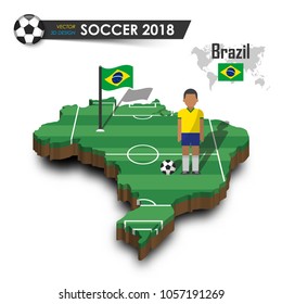 Brazil national soccer team . Football player and flag on 3d design country map . isolated background . Vector for international world championship tournament 2018 concept .