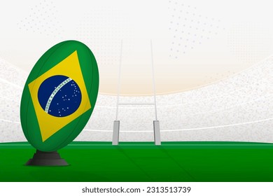 Brazil national team rugby ball on rugby stadium and goal posts, preparing for a penalty or free kick. Vector illustration.