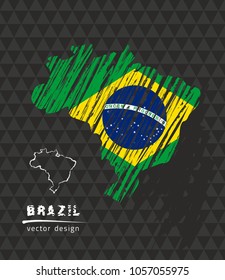 Brazil national vector map with sketch chalk flag. Sketch chalk hand drawn illustration