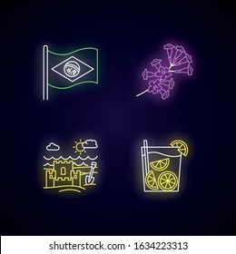 Brazil neon light icons set. National flag. Plumeria. Caipirinha. Sand castle on the coast. Ipê tree. Traditional cocktail. Signs with outer glowing effect. Vector isolated RGB color illustrations