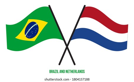 Brazil and Netherlands Flags Crossed And Waving Flat Style. Official Proportion. Correct Colors.