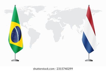 Brazil and Netherlands flags for official meeting against background of world map, vector