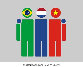 Brazil, Netherlands, and Vietnam National Flags With Embracing Body. Vector Illustration. Isolated background.