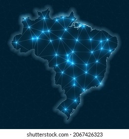 Brazil network map. Abstract geometric map of the country. Digital connections and telecommunication design. Glowing internet network. Awesome vector illustration.