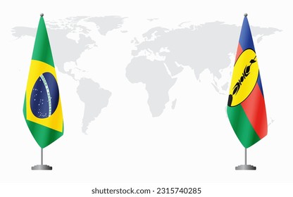 Brazil and New Caledonia flags for official meeting against background of world map, vector