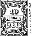 Brazil Newspaper Stamp (10 reis) from 1890, a small adhesive piece of paper stuck to something to show an amount of money paid, mainly a postage stamp, vintage line drawing or engraving illustration.