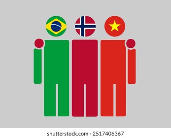 Brazil, Norway, and Vietnam National Flags With Embracing Body. Vector Illustration. Isolated background.