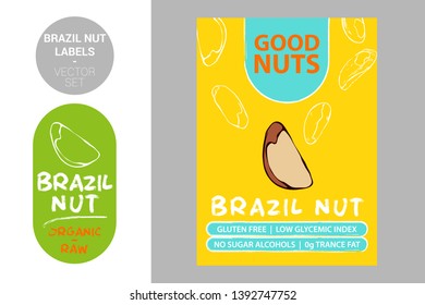 Brazil nut labels with brush stroke elements. Cartoon drawn nuts. product Badge with text: gluten free, low glycemic index, no sugar alcohols, 0g trance fat. Raw organic sticker ready for web, print