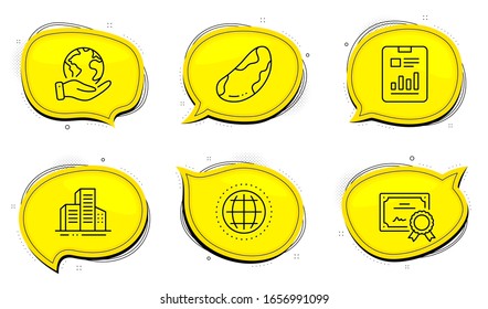 Brazil nut sign. Diploma certificate, save planet chat bubbles. Report document, Buildings and Globe line icons set. Page with charts, City architecture, Internet world. Vegetarian. Vector