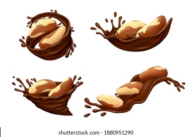 Brazil nuts in chocolate splashes with drops isolated on white background. Realistic vector illustration.