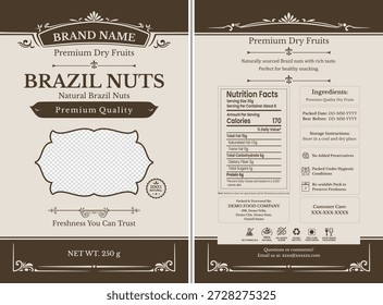 Etiqueta de empaque de nueces de Brasil con diseño completo en la parte delantera y trasera e información nutricional.