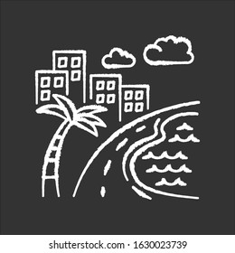 Brazil ocean beach chalk white icon on black background. Skyscrapers and pond. Buildings. Road along coast with palm. San Paulo. Rio de Janeiro. Isolated vector chalkboard illustration