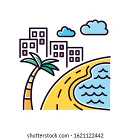 Brazil ocean beach yellow RGB color icon. Skyscrapers and pond. Buildings. Road along coast with palm. San Paulo. Rio de Janeiro. Isolated vector illustration