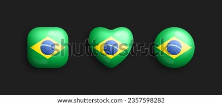 Brazil Official National Flag 3D Vector Glossy Icons In Rounded Square, Heart And Circle Shapes Isolated On Background. Brazilian Sign And Symbols Graphic Design Elements Volumetric Buttons Collection