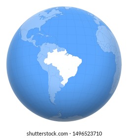Brazil on the globe. Earth centered at the location of the Federative Republic of Brazil. Map of Brazil. Includes layer with capital cities.