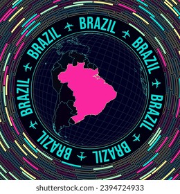 Brazil on globe. Satellite view of the world centered to Brazil. Bright neon style. Futuristic radial bricks background. Authentic vector illustration.