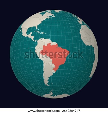 Brazil on the map. Globe centered to Brazil. Country location on the world map. Teal and Pale Mint color palette. Globe with countries, meridians and parallels. Alive vector illustration.