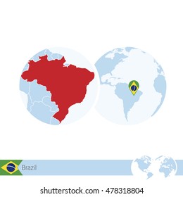 Brazil on world globe with flag and regional map of Brazil. Vector Illustration.