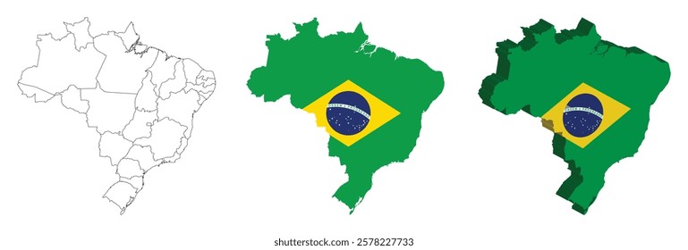 Brazil outline, fill with flag and 3d map