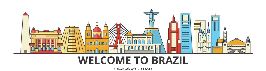 Brazil Outline Skyline, Brazilian Flat Thin Line Icons, Landmarks, Illustrations. Brazil Cityscape, Brazilian Travel City Vector Banner. Urban Silhouette