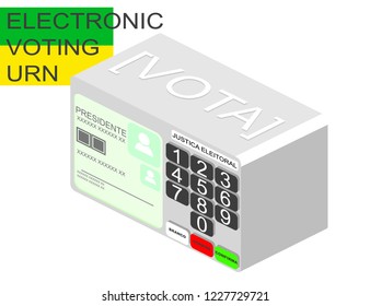 Brazil patriotic computer electoral voting urn. Translations: Fim means End, Urna Urn, Eleitoral Electoral, Branco White, Corrige Corrects, Confirma Confirm