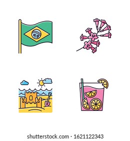 Brazil pink RGB color icons set. National flag. Plumeria. Caipirinha. Sand castle on the coast. Ip? tree. Traditional cocktail. Ocean beach. Isolated vector illustrations