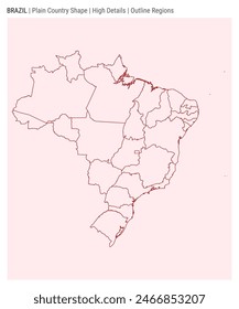 Mapa del país llano de Brasil. Detalles altos. Estilo de regiones de esquema. Forma de Brasil. Ilustración vectorial.