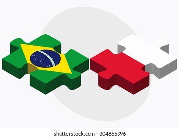 Brazil and Poland Flags in puzzle isolated on white background