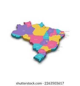 Brazil political map of administrative divisions - Federative units of Brazil. Colorful 3D vector map with dropped shadow and country name labels.