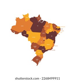 Brazil political map of administrative divisions - Federative units of Brazil. Flat vector map with name labels. Brown - orange color scheme.