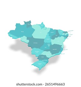 Mapa político do Brasil das divisões administrativas - Unidades Federativas do Brasil. Mapa de vetor turquesa 3D com rótulos de nome.